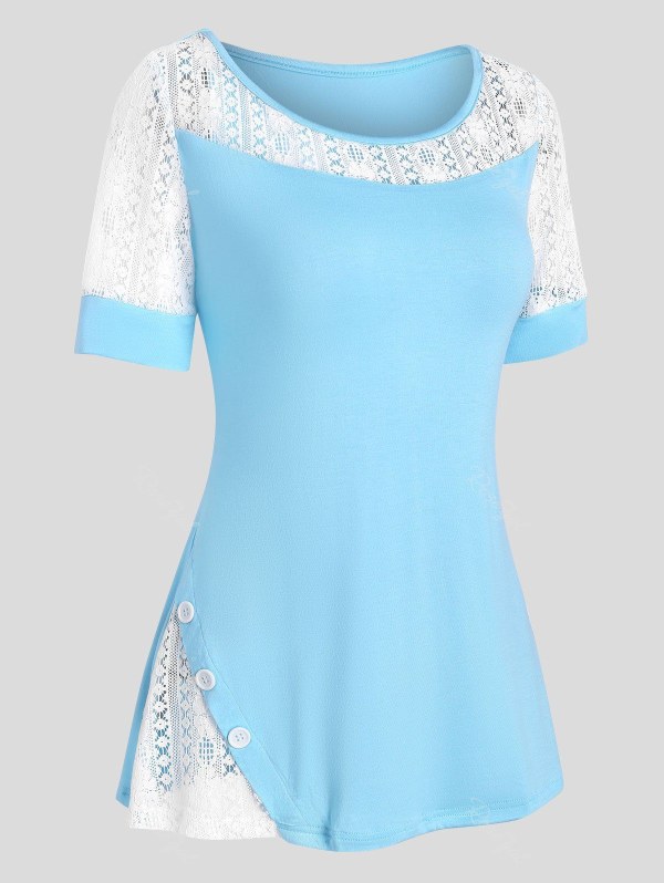 Lace Insert Mock Button Two Tone T Shirt
