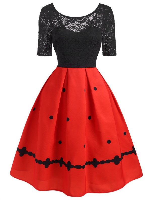 Lace Insert Polka Dot High Waisted Dress