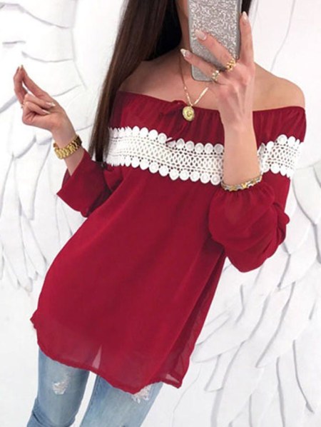 Lace Panel Off The Shoulder Chiffon Blouse