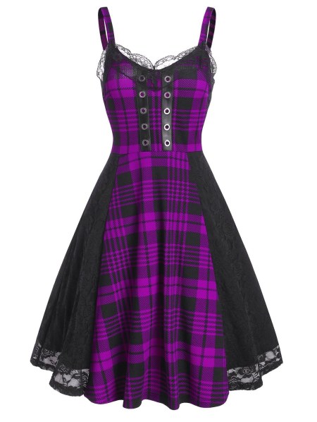 Lace Panel Plaid Printed Grommet Flare Dress