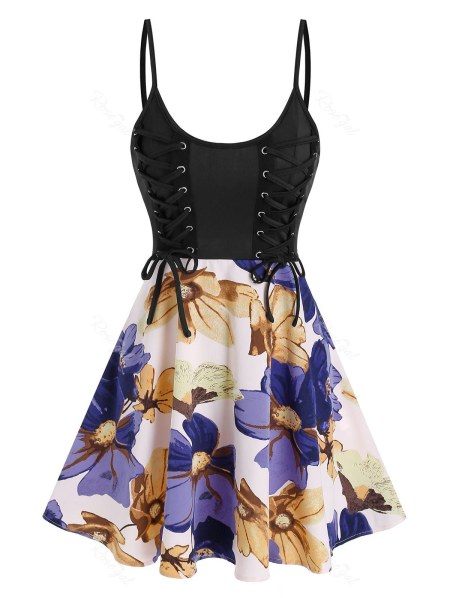 Lace Up Colorblock Flower Printed Slip Dress