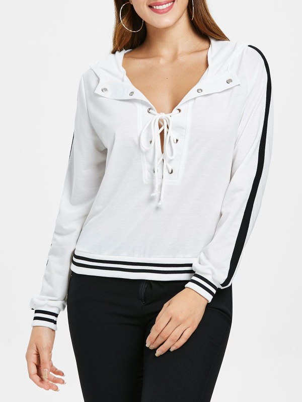 Lace Up Deep V Cut Striped Hoodie