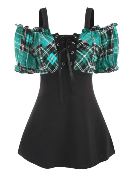 Lace Up Plaid Open Shoulder Ruffle T Shirt