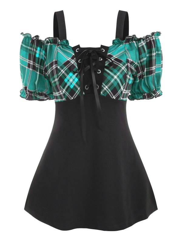 Lace Up Plaid Open Shoulder Ruffle T Shirt