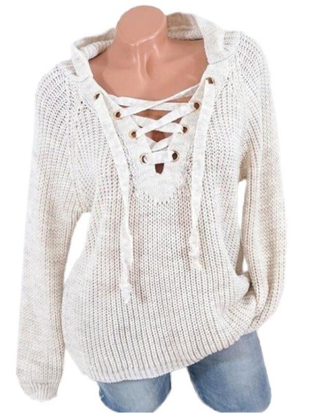 Lace Up Raglan Sleeves Hooded Sweater