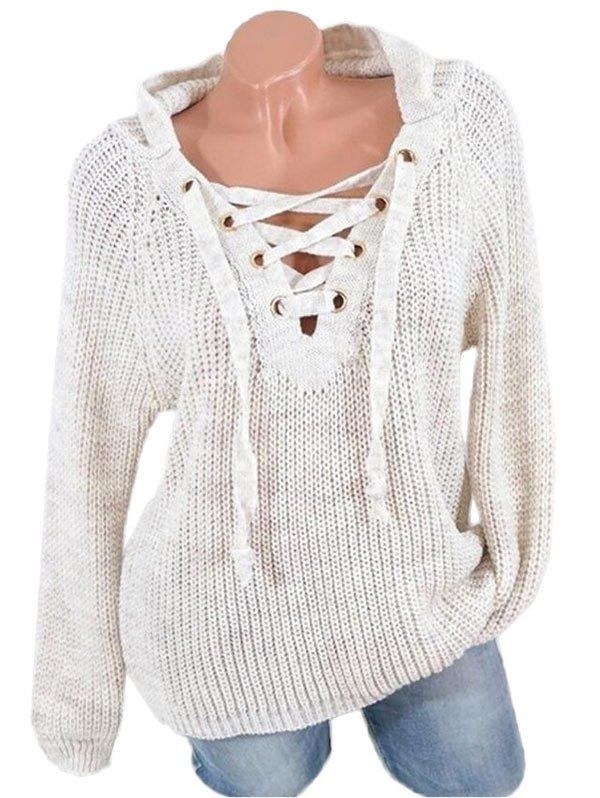 Lace Up Raglan Sleeves Hooded Sweater