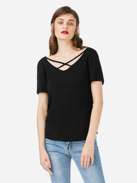 Lace Up V Neck T-shirt