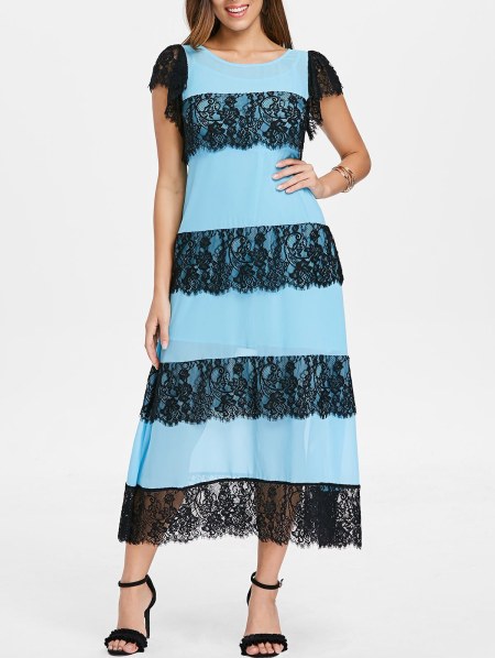 Layered Lace Insert Chiffon Dress With Cami Dress