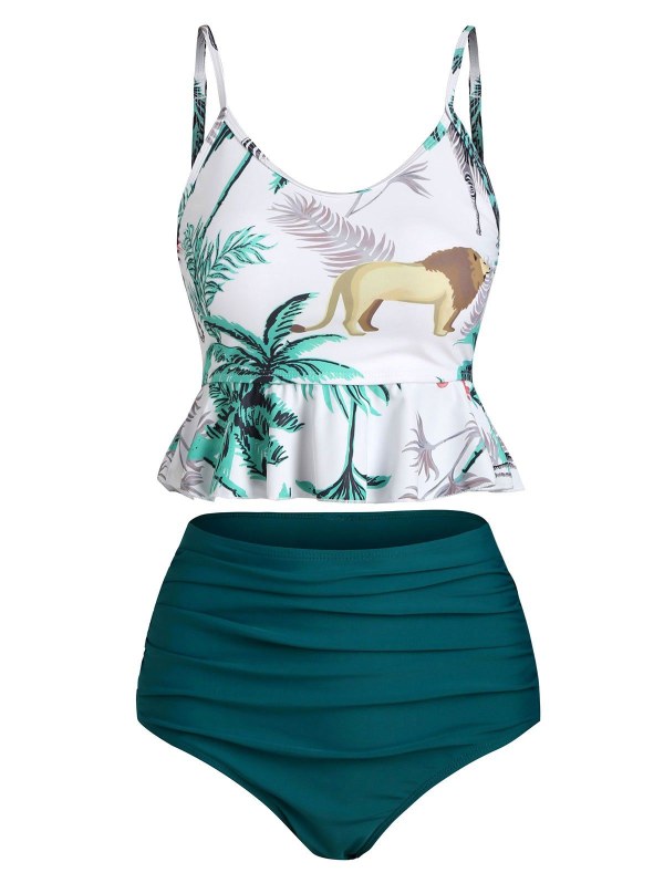 Leaf Animal Print Peplum Tummy Control Tankini Swimwear