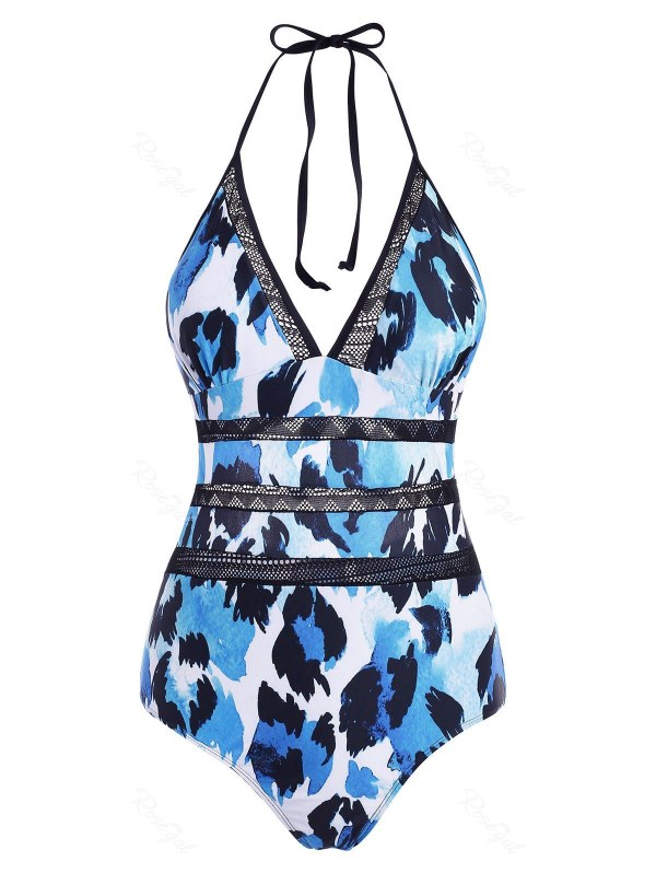 Leopard Crochet Panel Halter Cutout One-piece Swimsuit