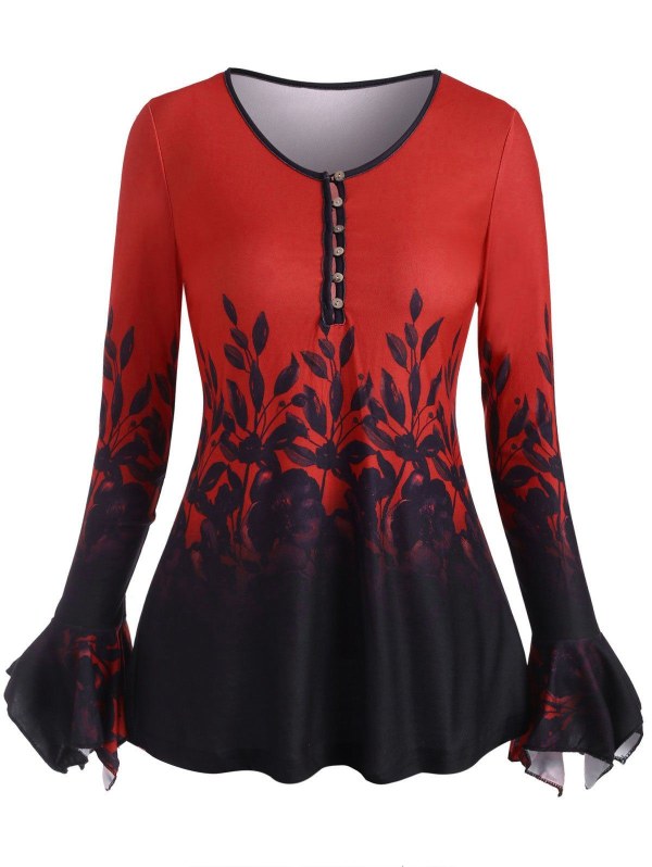 Loop Button Flower Print Ruffle Cuff Top