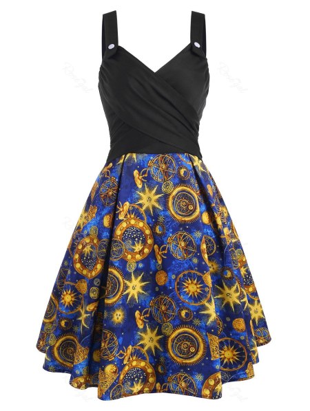 Mock Button Criss Cross Sun Star Flower Print Dress