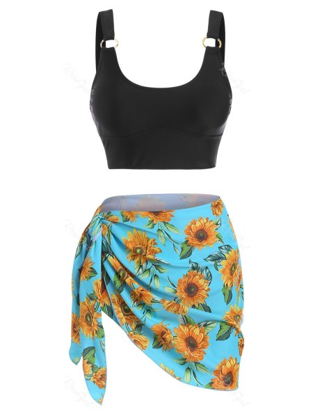 O Ring Sunflower Print Three Piece Tankini Swimwear