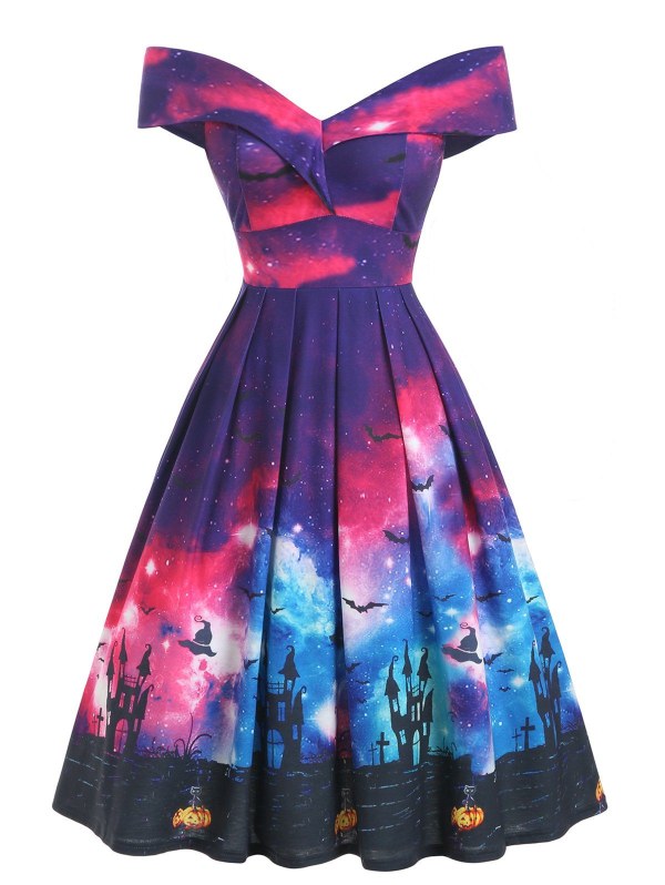 Off Shoulder Pumpkin Bat Multicolor Halloween Dress