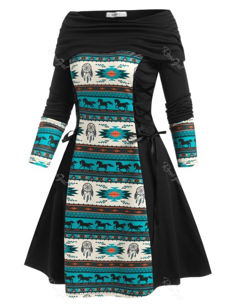 Off The Shoulder Foldover Lace Up Printed Dress