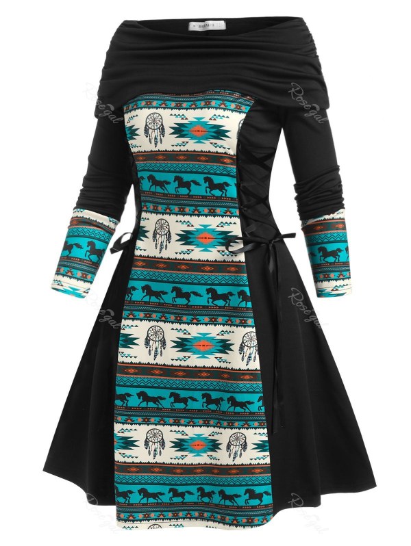 Off The Shoulder Foldover Lace Up Printed Dress