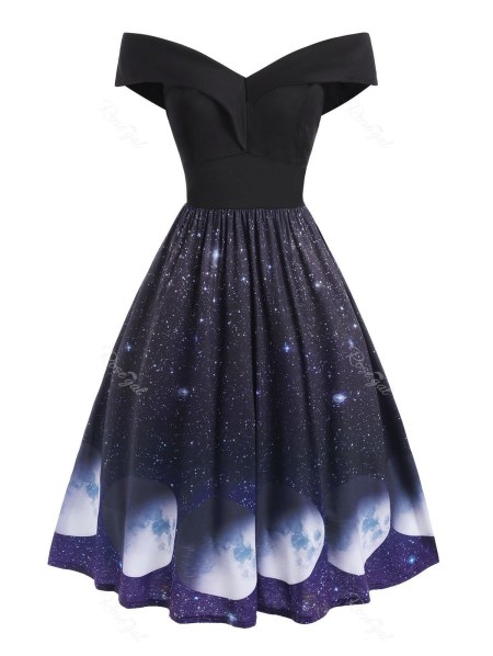 Off The Shoulder Galaxy Print Midi Dress