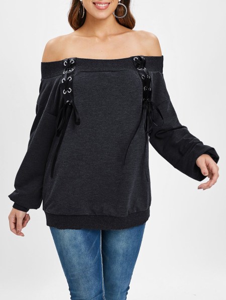 Off The Shoulder Lace Up Sweatshirt