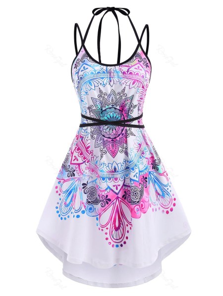 Ombre Bohemian Flower Butterfly Print Dip Hem Dress