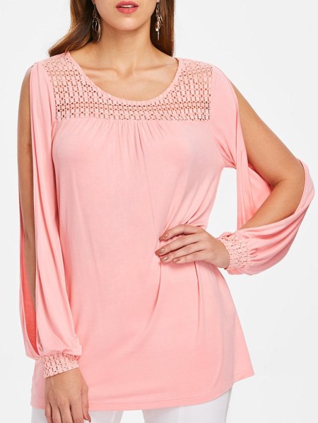 Openwork Yoke Plus Size Slit Sleeve T-shirt