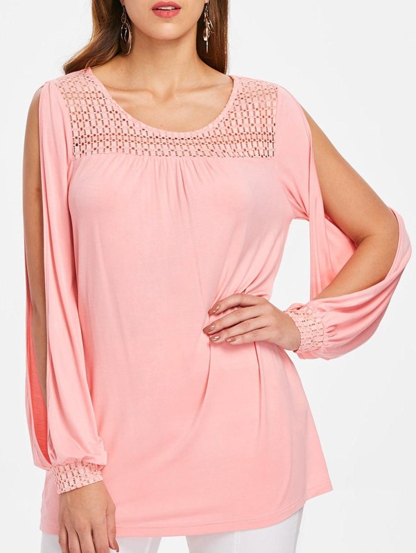 Openwork Yoke Plus Size Slit Sleeve T-shirt