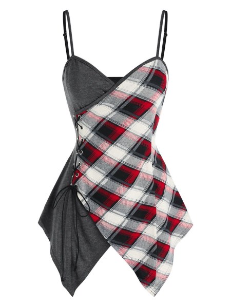 Plaid Panel Surplice Cami Tank Top