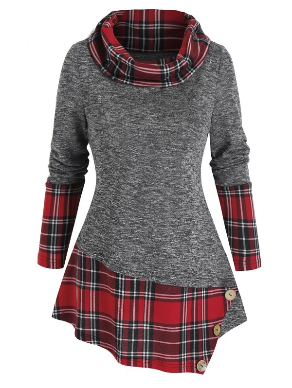 Plaid Patchwork Button Asymmetric Top