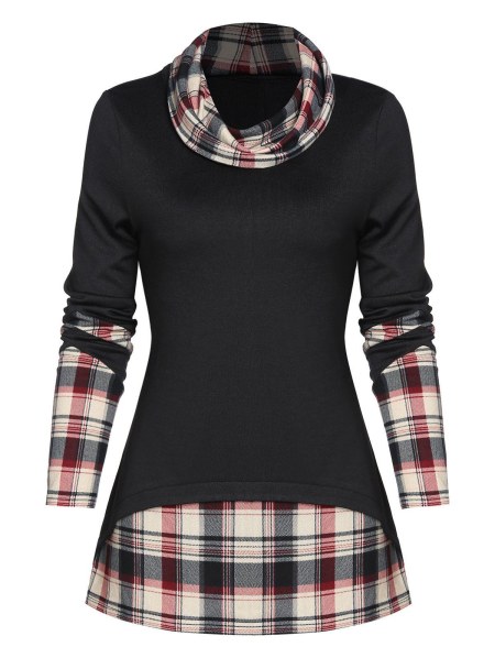 Plaid Print Back Slit Faux Twinset Pullover Sweater