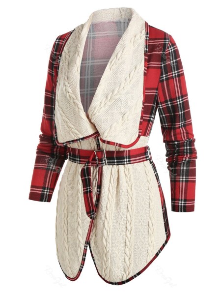 Plaid Print Belted Cable Knit Jacket