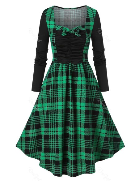 Plaid Print Bowknot Detail Ruched Vintage Dress