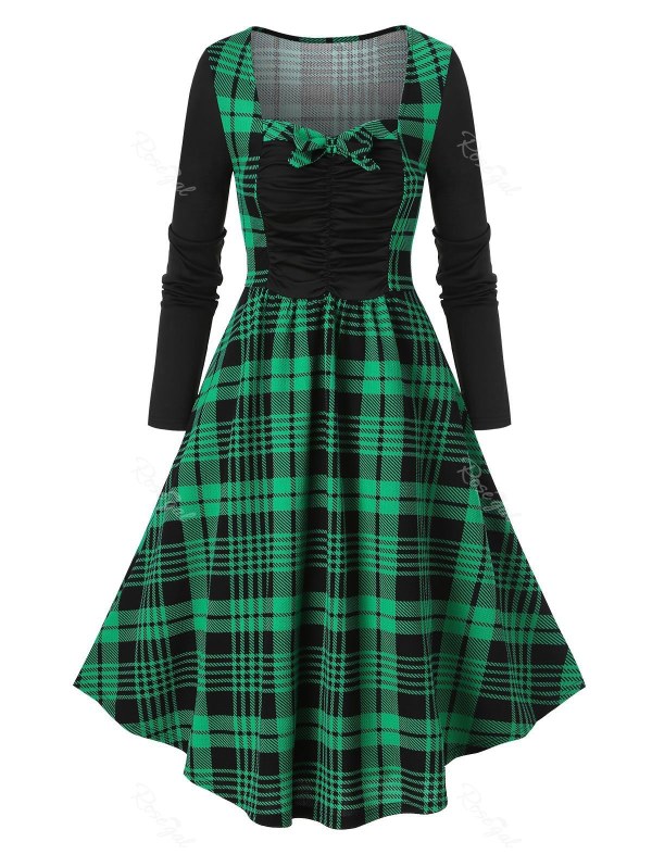 Plaid Print Bowknot Detail Ruched Vintage Dress