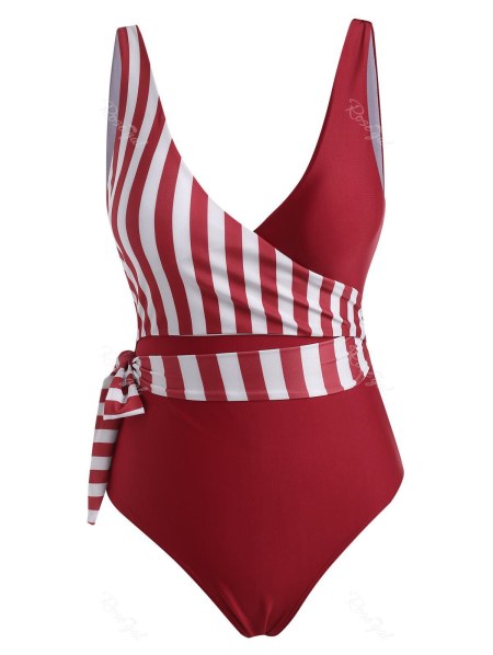 Plunge Striped Wrap One-piece Swimsuit