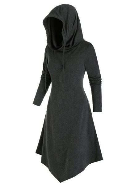 Pointed Hem Hooded Lace-up Heathered Midi Dress