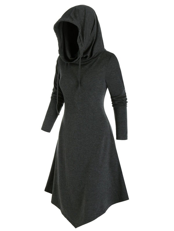 Pointed Hem Hooded Lace-up Heathered Midi Dress