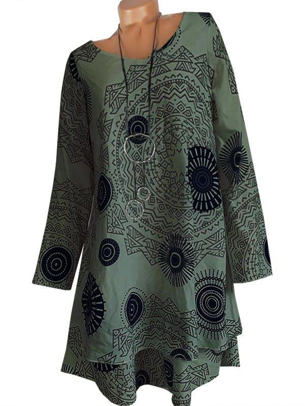 Printed Long Sleeve Trapeze Dress