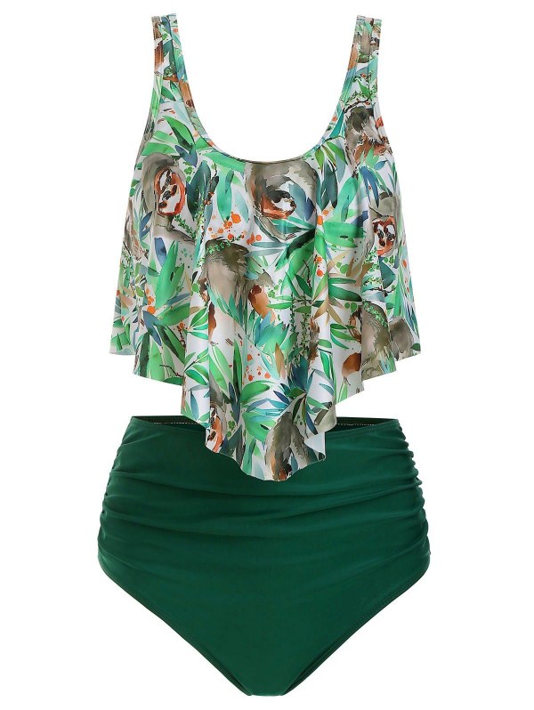 Printed Ruched Overlay Tankini Swimsuit