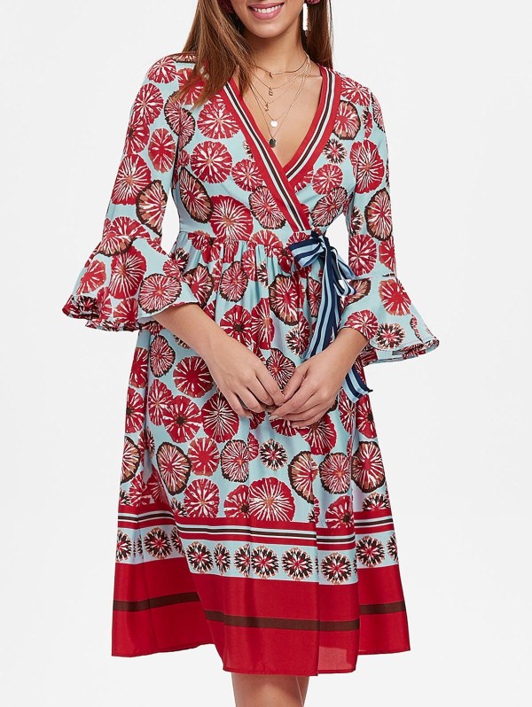 Printed Tie Front Midi Dress