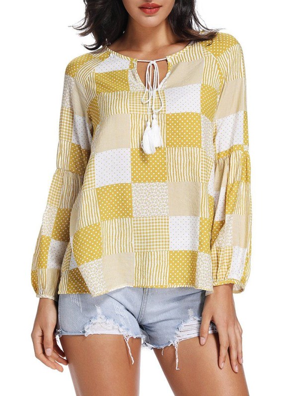 Puff Sleeve Patchwork Print Tasseled Blouse
