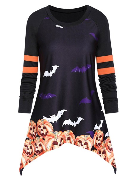 Pumpkin Print Asymmetrical Round Collar Halloween T Shirt