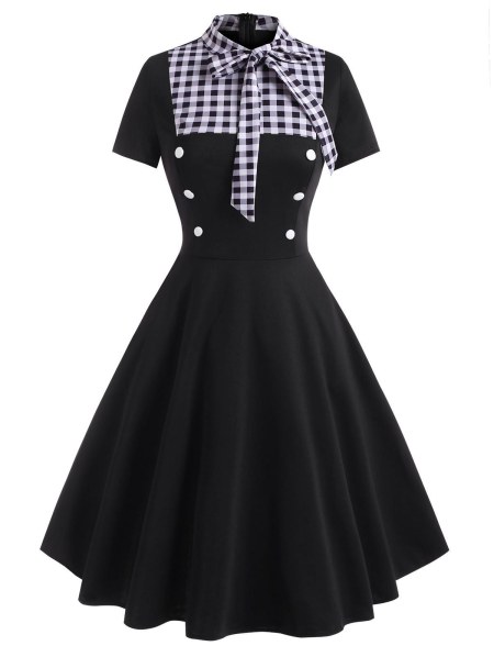 Pussy Bow Gingham Mock Button Dress