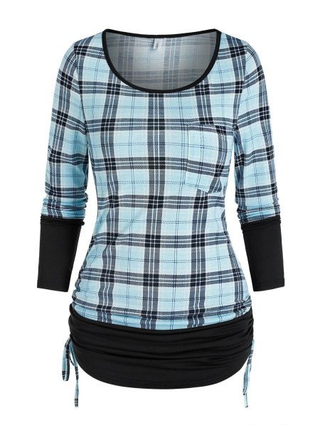 Ruched Plaid Cinched T Shirt