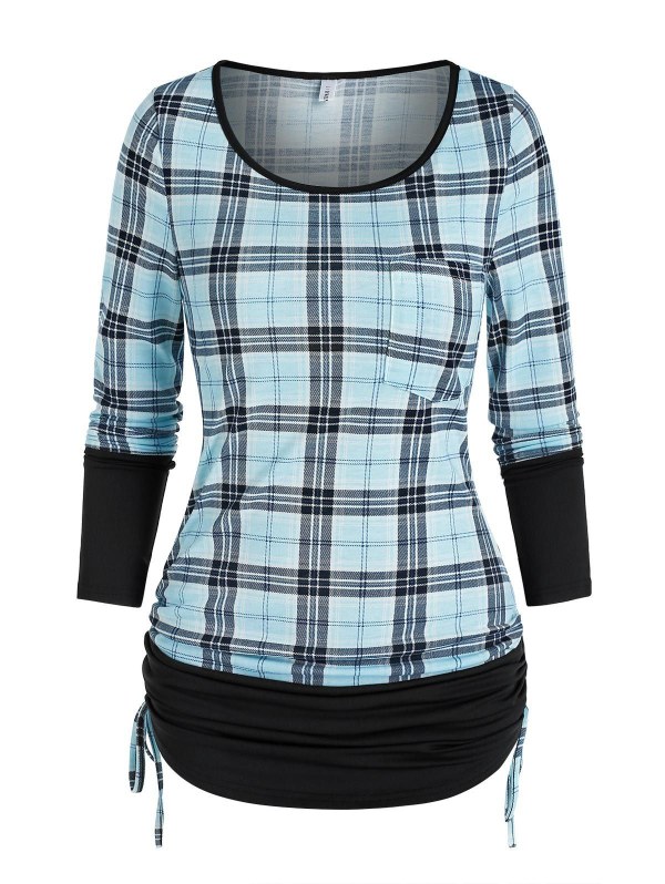 Ruched Plaid Cinched T Shirt