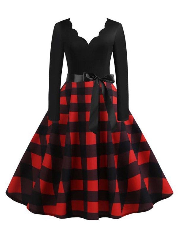 Scalloped Plaid Print Belted A Line Retro Dress