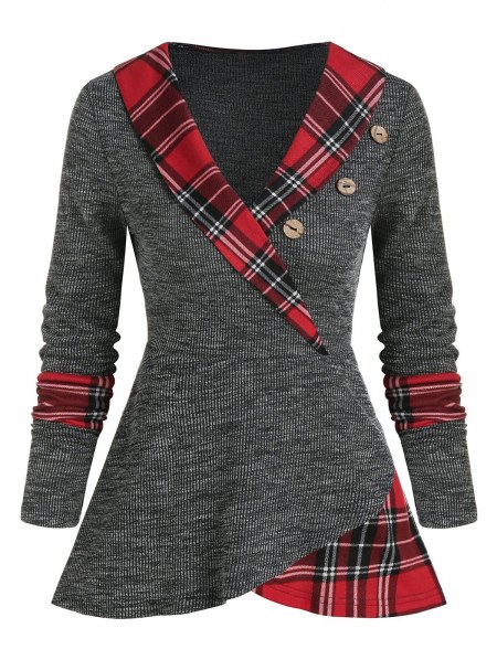Shawl Collar Plaid Panel Button Knitted T Shirt