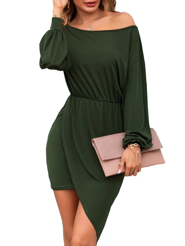 Skew Collar Asymmetrical Long Sleeve Dress