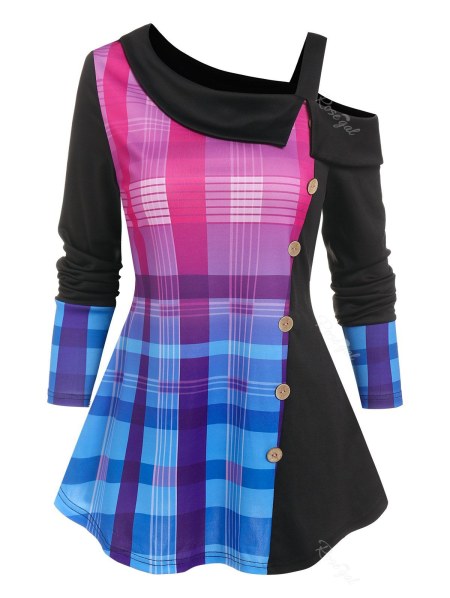 Skew Neck Ombre Color Plaid T-shirt