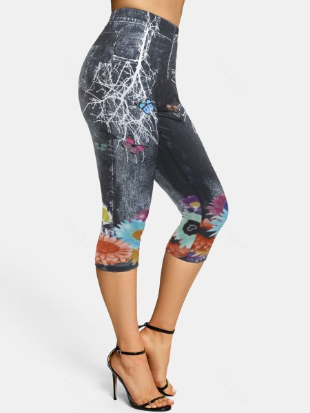 Skinny Flowers Butterfly 3d Print Capri Jeggings