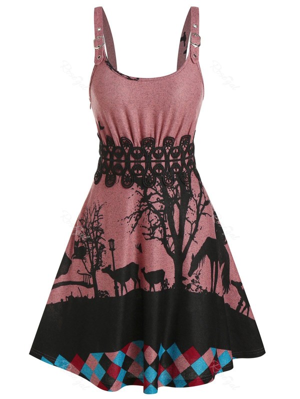 Sleeveless Animals Print Lace Panel Gothic Sweater Dress