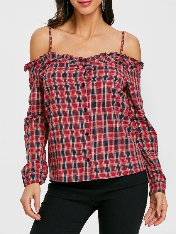 Spaghetti Strap Ruffle Trim Plaid Shirt