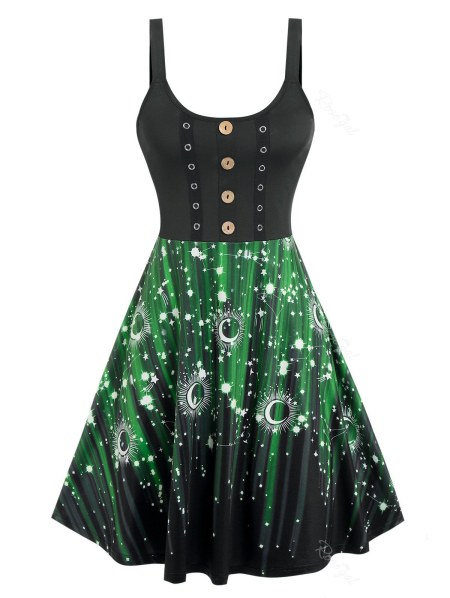 Star Moon Print Buttons Grommet Dress